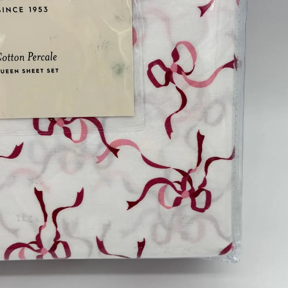 Laura Ashley Trailing Bows Red & White Striped Hem 4pc QUEEN Sheet Set NEW